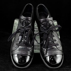 CHANEL Patent Leather/Lambskin Cap Toe CC Sneakers
